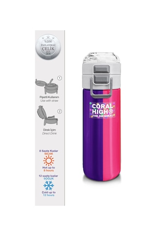 Coral High Erkek Çocuk 500 Ml Okul Ve Günlük Paslanmaz Çelik Termos - Mor-pembe Renkli Çizgili - Sızdırmaz Çok Renkli