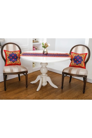 Belize Baskılı Saten Kumaş Kırmızı Siyah Runner Kırlent Set 3 Prç. 135x50 Cm 1378 Kırmızı