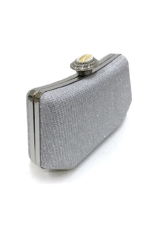 Guiza Vintage Kadın Gümüş Simli Abiye Clutch Portföy Çanta Zincir Ve Kolçaklı Gümüş Simli