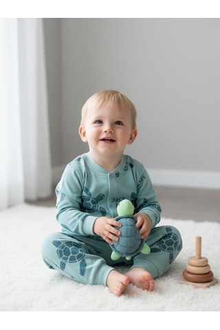 Zekids Erkek Çocuk Kaplumbağa Desenli Pamuklu Pijama Takımı 6-9 Ay 6 Yaş Aralığı -16846 Mint
