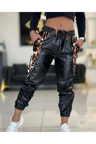 Bel Ve Paça Lastikli Detay Yanları Leopar Bağcıklı Deri Pantolon Siyah