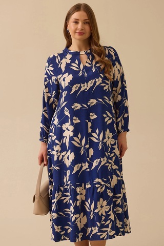 Galaxi Kadın Büyük Beden Desenli Fırfır Detaylı Elbise 4008 Lacivert Lacivert