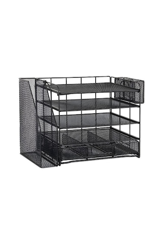 Temel Siyah Metal Mesh 4 Katlı Masaüstü Organizer Dosyalık Çekmeceli Kalemlikli 34.5x22x30 Cm 9209