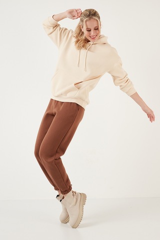 Lela Regular Fit Pamuklu Kapüşonlu Yaka Şardonlu Kışlık Bayan Sweat 5863854 Taş
