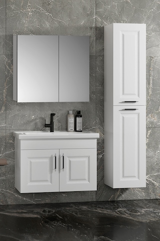 Salkım 80+35 Cm Beyaz Balon Mdf Seramik Lavabolu Asma Banyo Dolabı Takımı