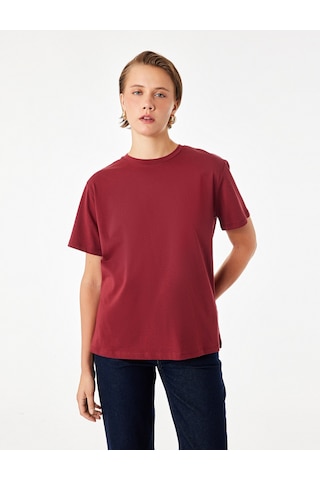 Koton Pamuklu Kısa Kollu Bisiklet Yaka Oversize Basic Tişört Bordo 7wak50007ek