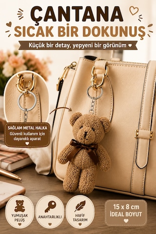 1 Adet Kahverengi Peluş Ayıcık Anahtarlık 15x8 Cm Çanta Sırt Çantası Anahtar Aksesuar Sevimli Fiyonk