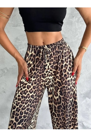 Kadın Varak Baskılı Leopar Desenli Mevsimlik Beli Lastikli Geniş Paça Pantolon Leopar