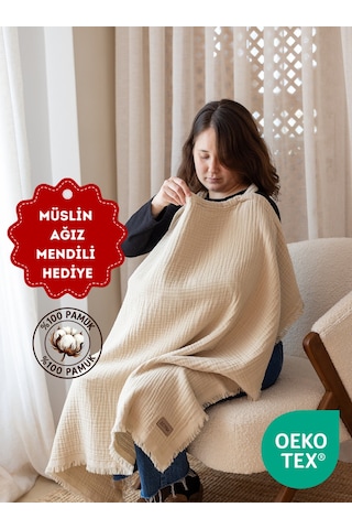 Zeypba 4 Katlı Müslin Emzirme Örtüsü & Puset Örtüsü Püsküllü 90x110 CM Bej