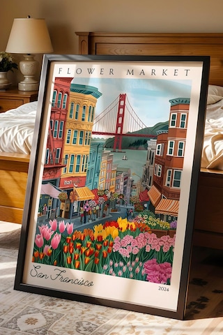 San Francisco Amerika Çerçeveli Tablo Seyahat Severlere Salon Ve Ofis İçin Estetik Duvar Dekoru Travel Flower Market