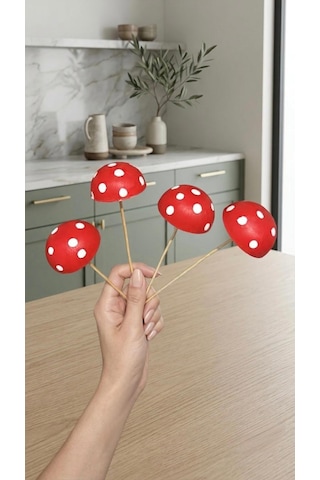 Dekoratif El Yapımı Kırmızı Mantar Saksı Süsü 4 Lü Set
