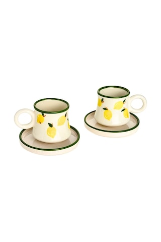 2 Li Takım Limon Desenli El Yapımı Kazan Seramik Kahve Fincanı, Kahve Fincanı, Hand Made Beyaz
