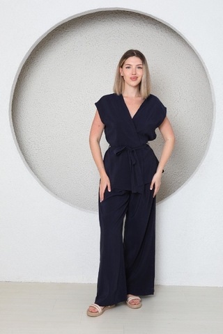 Kadın Üstü Kruvaze Modal Pantolonlu Takım Indigo