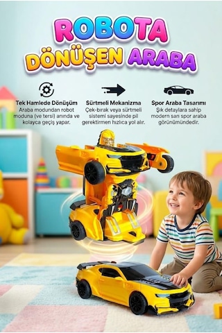 Robota Dönüşen Araba - Tek Hamlede Otomatik Dönüşüm, Sürtmeli Mekanizma Sarı Spor Araba Robot Oyuncak