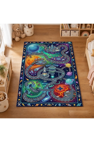 Kartela Halı Uzay Macerası Kaymaz Taban Çocuk Oyun Halısı - 120 X 180 Cm Çok Renkli