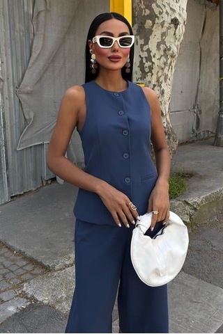 De'charme Midi Şortlu Ve Yelekli Viscon Takım 10167 Indigo