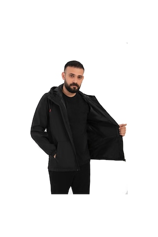 Freemen Erkek Siyah Içi Astarlı Kanguru Cepli Su Ve Rüzgar Geçirmez Kapüşonlu Cepli Yağmurluk Siyah