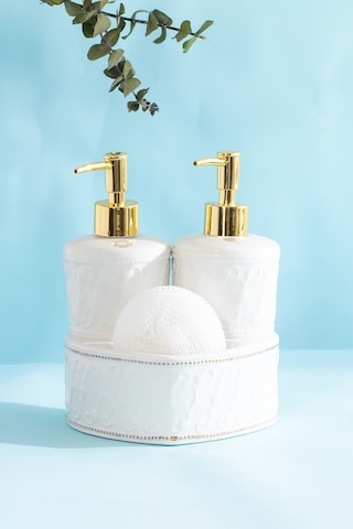 Porsima 3117 Gold Kapaklı Porselen Süngerli 2li Sıvı Sabunluk Beyaz 350+350 Ml Açık Gri - Beyaz