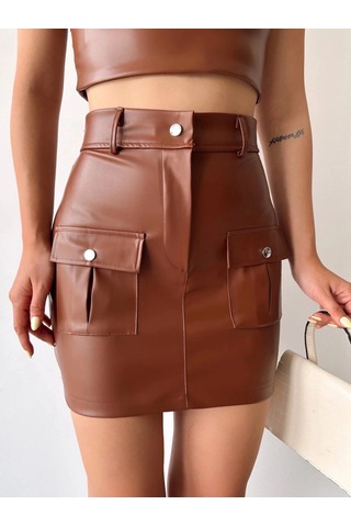 Önden İki Cepli Deri Etek Kahve H240040 Kahve