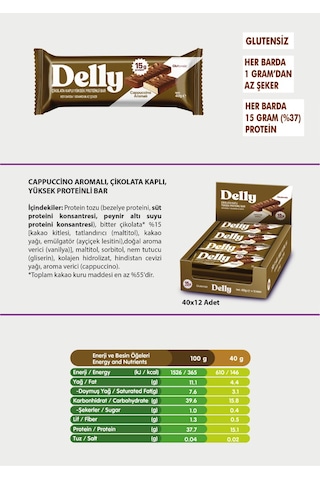 Delly Cappuccino Aromalı Çikolata Kaplı Yüksek Protein Bar 12 x 40 G