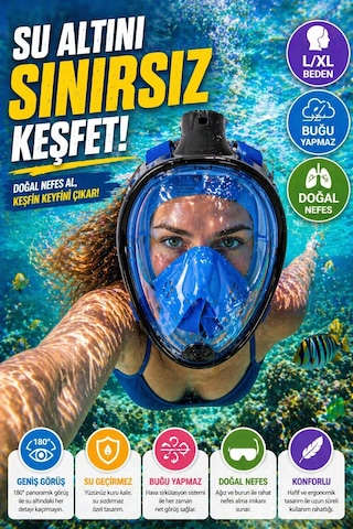 Mavi Siyah Full Face Şnorkel Maske L Xl Tam Yüz Dalış Maskesi Sarı Geniş Görüş Anti Fog Deniz Maske