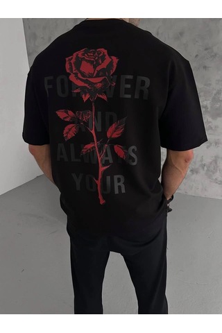Novalisse Erkek Bisiklet Yaka Baskılı Oversize Kısa Kol T-shirt - Siyah Çoklu Renk