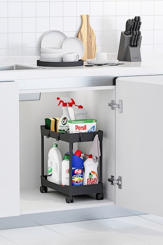 2 Adet Siyah 2 Katlı Tekerlekli Düzenleyici Mutfak Ve Banyo Rafı