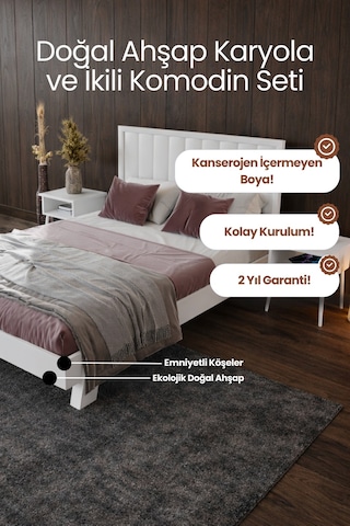 Hüma Dikey Başlıklı Masif Ahşap Karyola Ve 2 Adet Beyaz 90x200