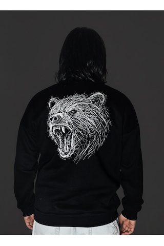 Dark Line Bear Sırt Baskılı %100 Pamuk Unisex Siyah Oversize Sweatshirt Siyah