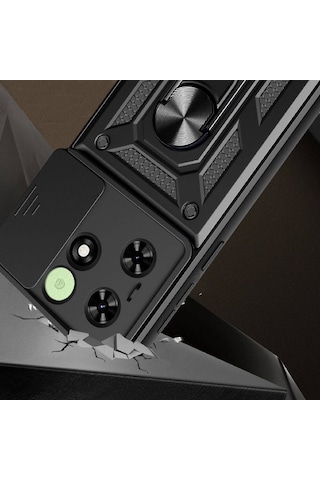 Teknodur Tecno Spark 20c Kılıf Magnetik Standlı Kamera Korumalı Sürgülü Vega Kapak - Siyah