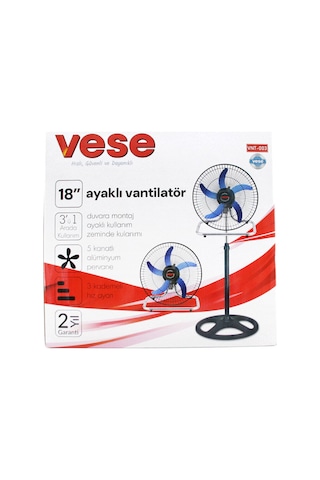 Vese Vnt-003 18" İnç 46cm Sanayi Tipi Ayaklı Vantilatör 3 Kademe Hız & 5 Metal Kanat 80w Fan
