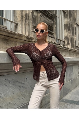 Kadın V Yaka Full Esnek Dantel Bürümcük Spor Şık Tasarım Asimetrik Kesim Gece Bluzu Kahverengi