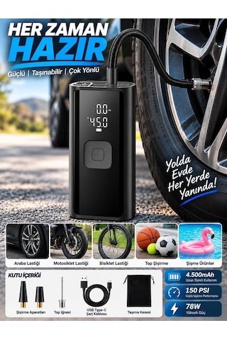 150 Psı Şarjlı Hava Kompresörü 4500mah Lcd Ekranlı Taşınabilir