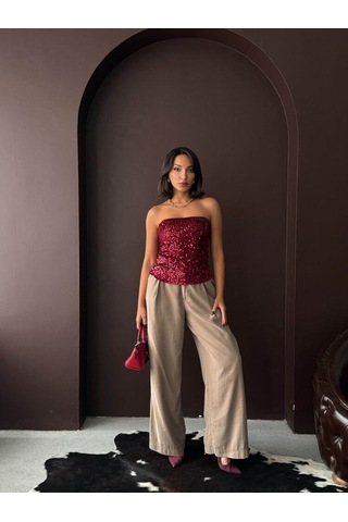 Ckm Moda Rubina Payetli Straplez Bluz Bordo