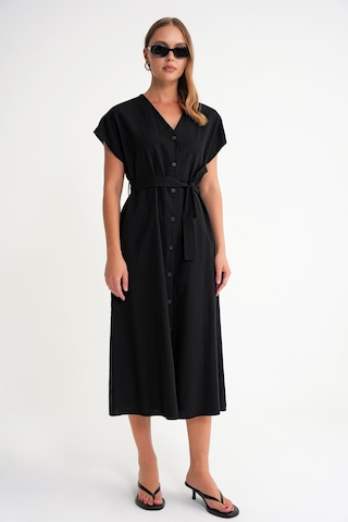 4721 Kadın V Yaka Düğme Detaylı Keten Elbise Siyah Siyah