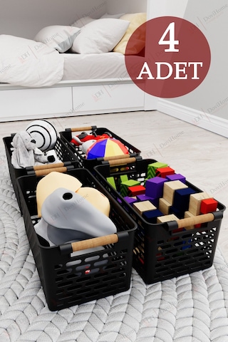 4 Adet Ahşap Saplı Görünüm Siyah Renk Plastik Mutfak Banyo Eşya Organizer Sepet Düzenleyici Set Siyah