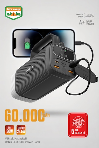 60.000 Mah Hızlı Kamp Outdoor 30w 22.5w Qc Dijital Göstergeli Led Fenerli Taşınabilir Şarj Cihazı