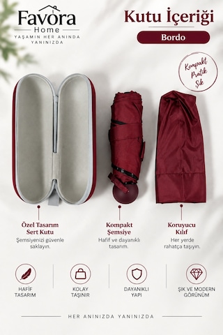 Favora Rainbox Kapsül Şemsiye - Kutulu Mini Katlanır Çanta Boy Şemsiye Bordo
