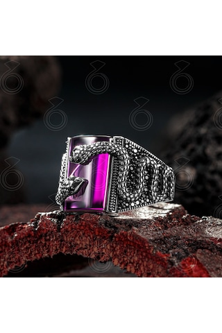 925 Ayar Gümüş Yılan Tasarım Ametist Taşlı Erkek Yüzük Gümüş