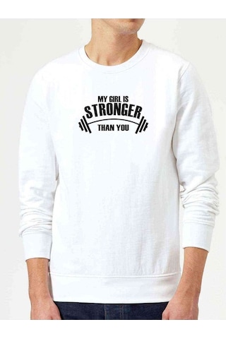 My Girl Is Stronger Baskılı Beyaz Erkek Örme Sweatshirt