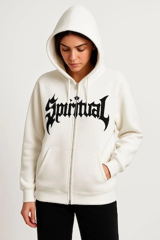Kadın Oversize Kapüşonlu Sweatshirt Hoodie 3 İplik Şardonlu Pamuklu Kumaş, Önü Baskılı, Fermuarlı Ra Beyaz