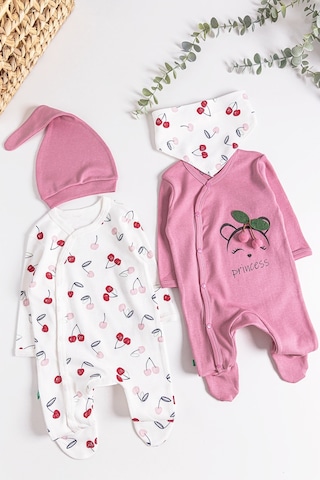 Kiraz Desenli 2'li Uzun Kollu Kız Bebek Tulum Takım 001