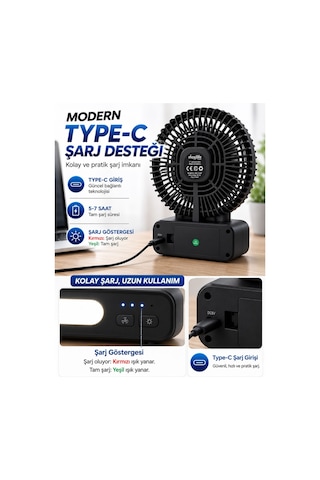 Breeze Mg-5166f 6 İnç Led Işıklı Şarjlı Mini Masa Vantilatörü 3 Kademeli Usb Type-c