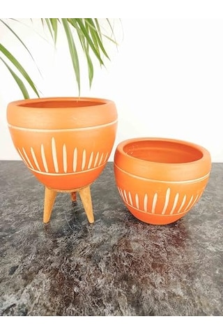 Bitki Tasarımı Ev Dekorasyon Dik Çizgi Desenli Terrakota Toprak Saksı Saksılık Salon Çiçeklik İkili Set Ayaksı Genel
