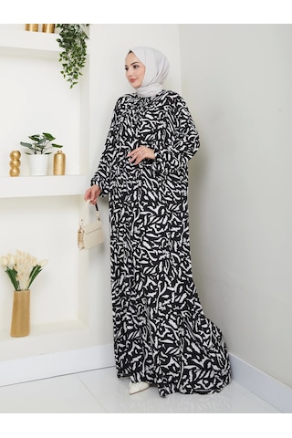 Desenli Önü Büzgülü Viskon Elbise - Siyah / E0131 Siyah