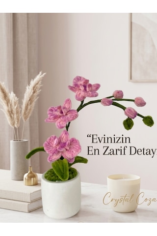 Crystal Coza Premium Şönil Orkide - Taş Saksılı Yapay Çiçek, Ev Ofis Hediyesi Dekoratif Salon Aksesuarı Pembe - Krem