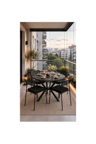 Siyah 4 Kişilik Minderli Balkon Takımı, Balkon Masası, Balkon Sandalyesi, Yuvarlak Masa, Yemek Masası, Mutfak Masa Sandalye Takımı, 4 Sandalye 1 Masa Siyah/siyah-siyah
