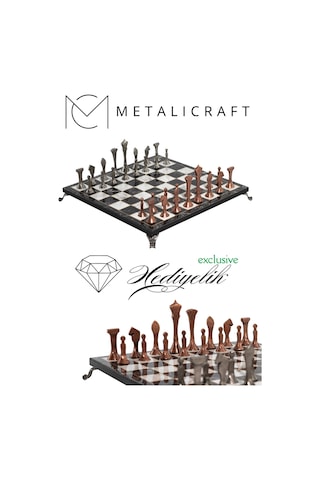 Mc74 Metal Satranç Takımı - Mermer Desenli 30x30cm Ahşap Tahta - Büyük Boy Taş - Lüks Hediyelik