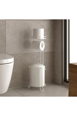 Banyo Tuvalet Kağıdı Askısı Çöp Kovası Yedekli Ayaklı Beyaz Beyaz