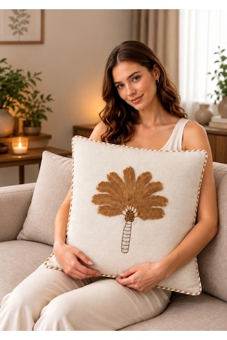 Goldroom Home Özel Tasarım 2 Li 5d Nakışlı Dekoratif Kırlent Kılıfı Krem Vizon